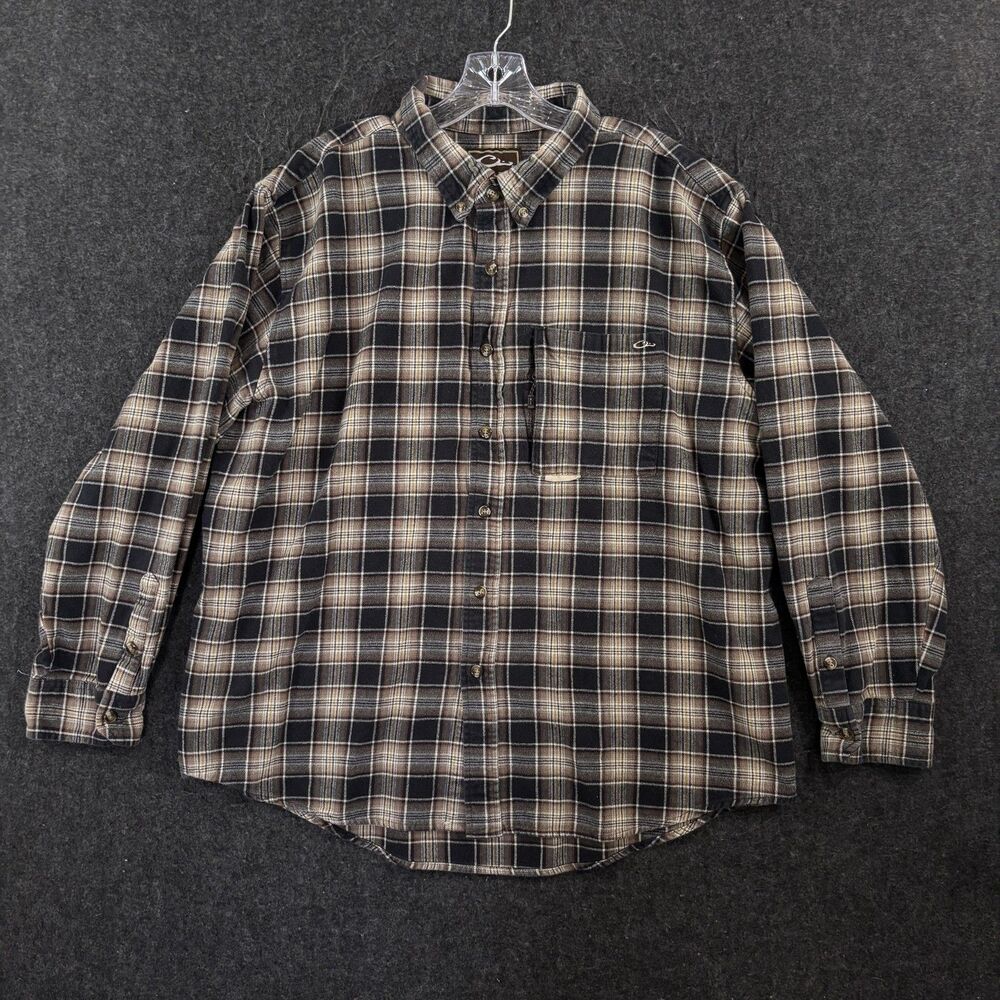 Drake Waterfowl Flannel Shirt Men's XXL Brown Plaid Button Down Zipper Pocket